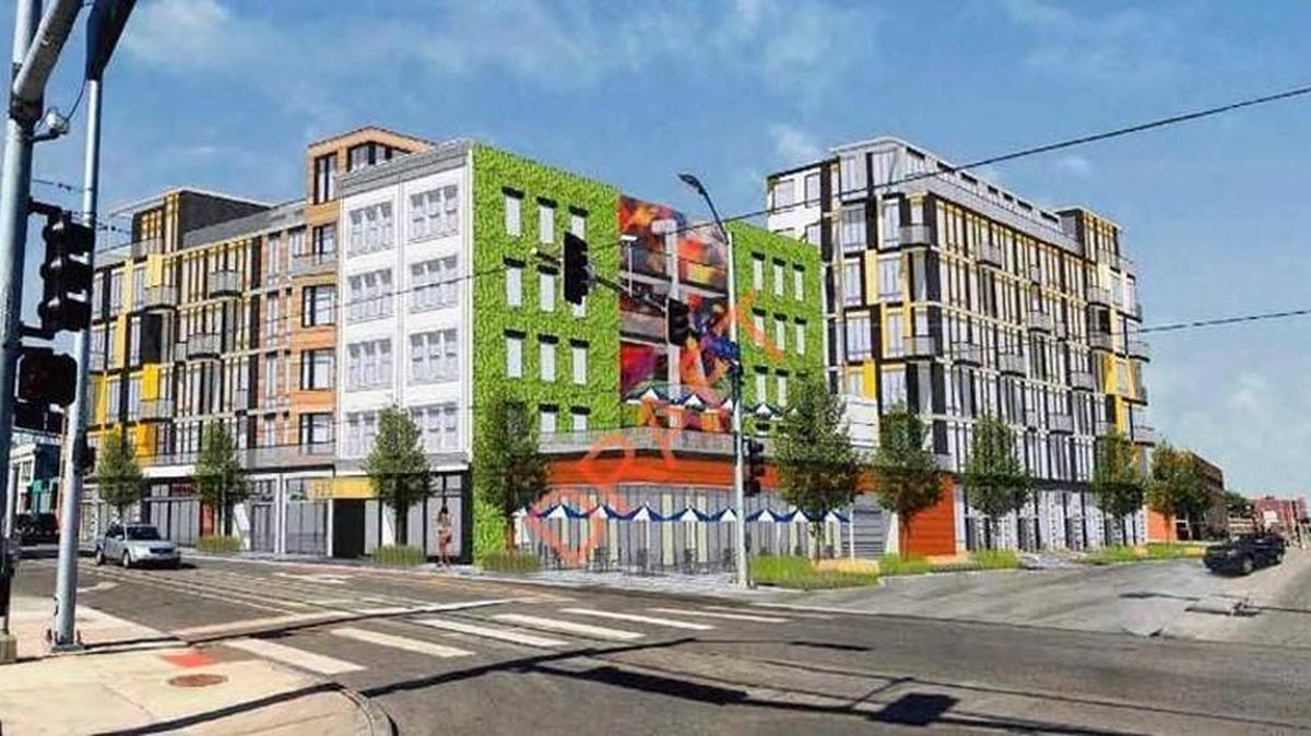 A rendering of the proposed City Club apartment complex, looking northeast from 20th and Main streets in Kansas City’s Crossroads Arts District.