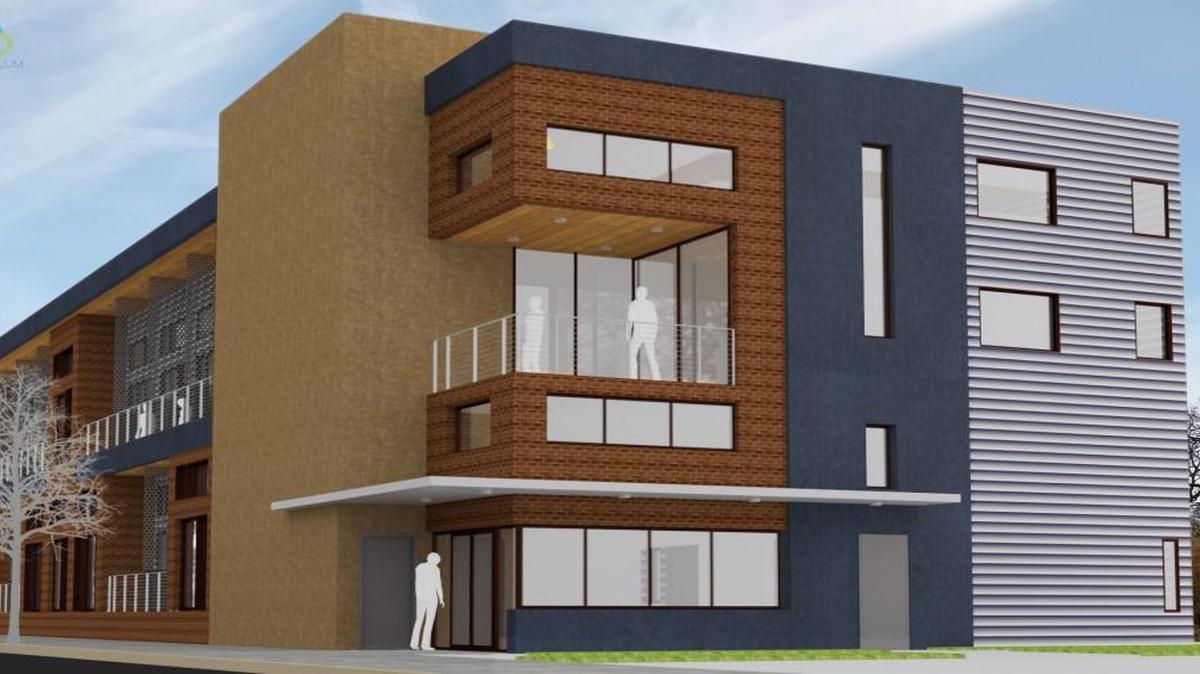 A rendering shows the proposed Scholar’s Row apartment project by UC-B Properties.