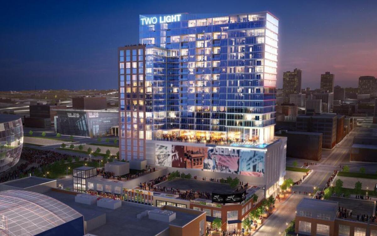The Two Light plan will include 300 luxury residential units on 18 floors atop six stories of parking and commercial space. The garage, proposed for 499 spaces, will include public parking.
