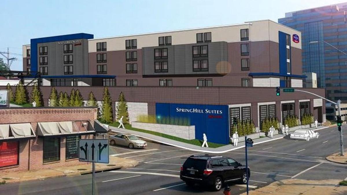 A rendering shows the planned 96-room SpringHill Suites by Marriott on 45th Street between Madison and Belleview. Site preparation has begun on the project.
