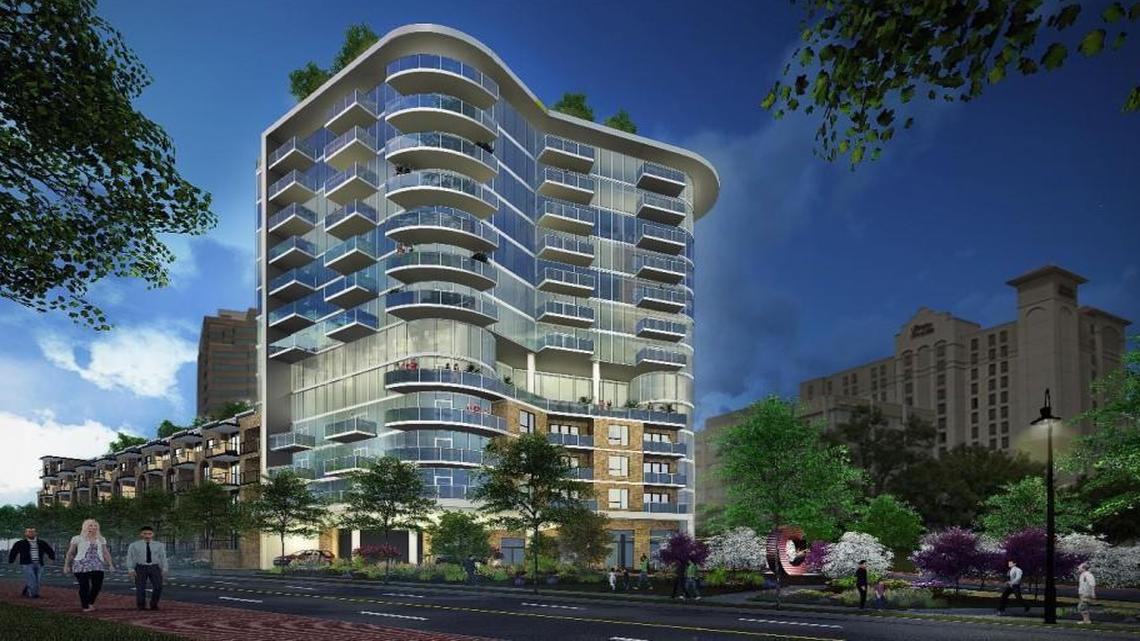 Looking north from 47th Street, this architectural rendering shows how 47Madison would fit between Madison and Roanoke Parkway, just west of the Country Club Plaza.