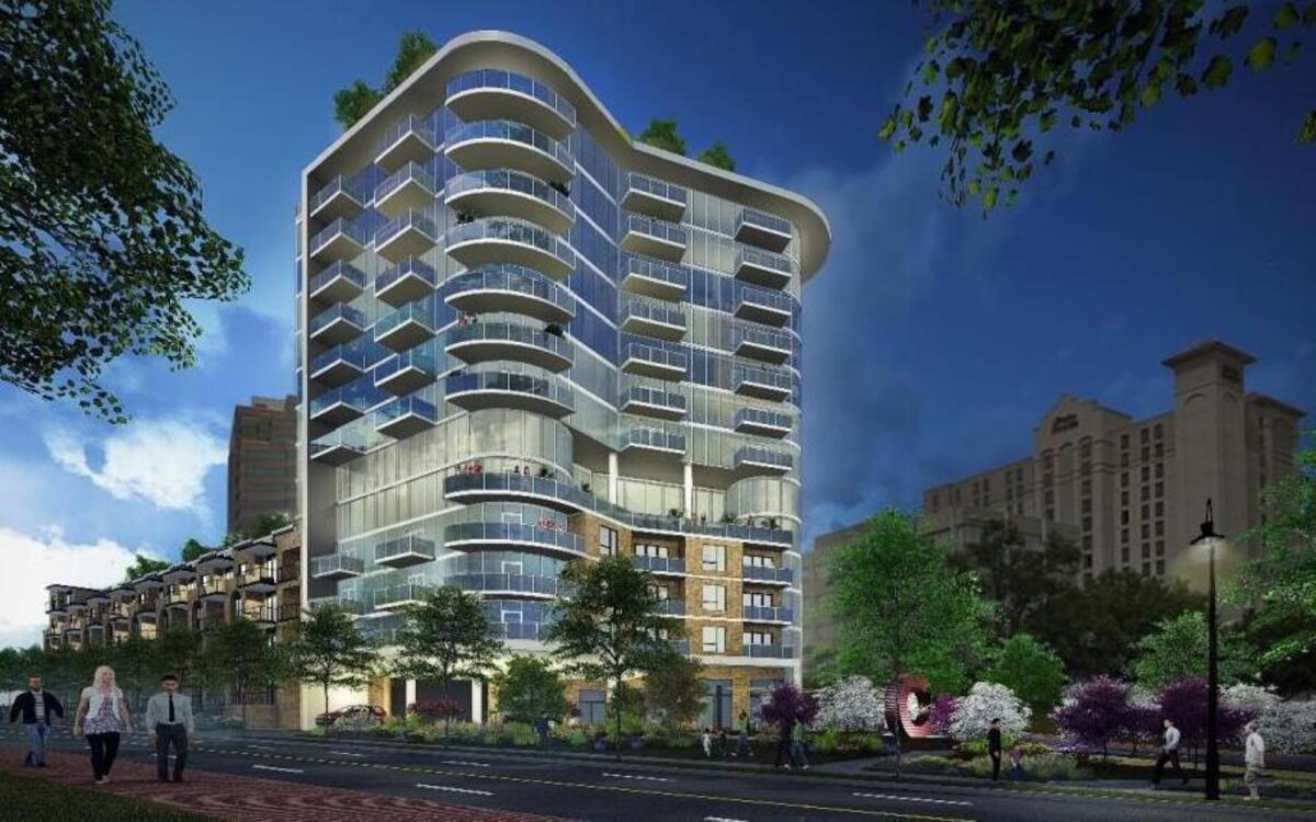 Looking north from 47th Street, this architectural rendering shows how 47Madison would fit between Madison and Roanoke Parkway, just west of the Country Club Plaza.