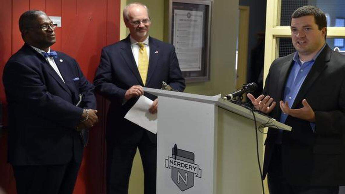 
At a Wednesday afternoon news conference in downtown Kansas City, Tom O’Neill (right), president of the Nerdery, said his company will add jobs here. Joining him were Mayor Sly James and Pete Fullerton, CEO of the Economic Development Corporation of Kansas City.
