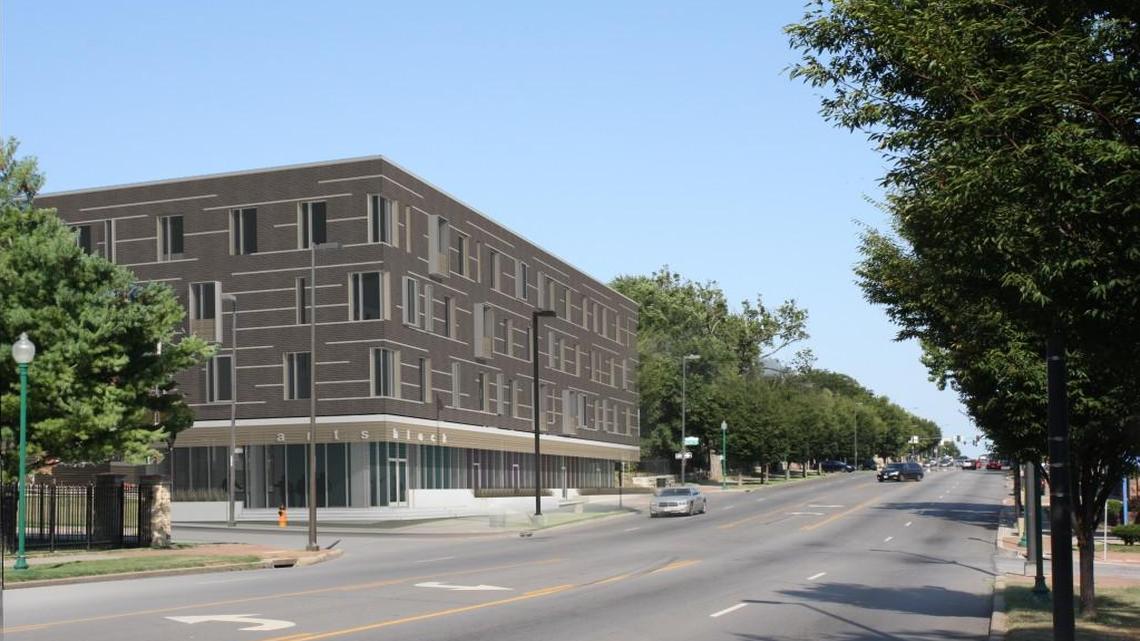 Rendering of Pendleton ArtsBlock, which will take up a block of Independence Avenue between Park Avenue and Olive Street. There will be spaces for families and for artists, and the first floor will have common spaces for artists to work in.