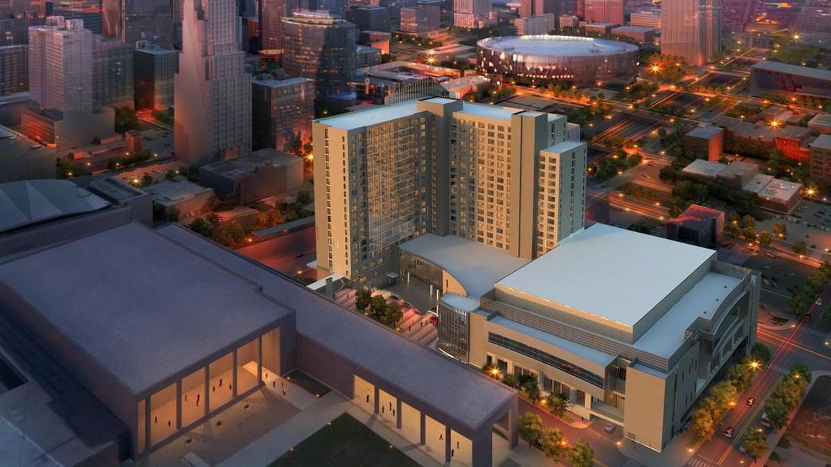 An aerial rendering shows the planned convention hotel in downtown Kansas City.