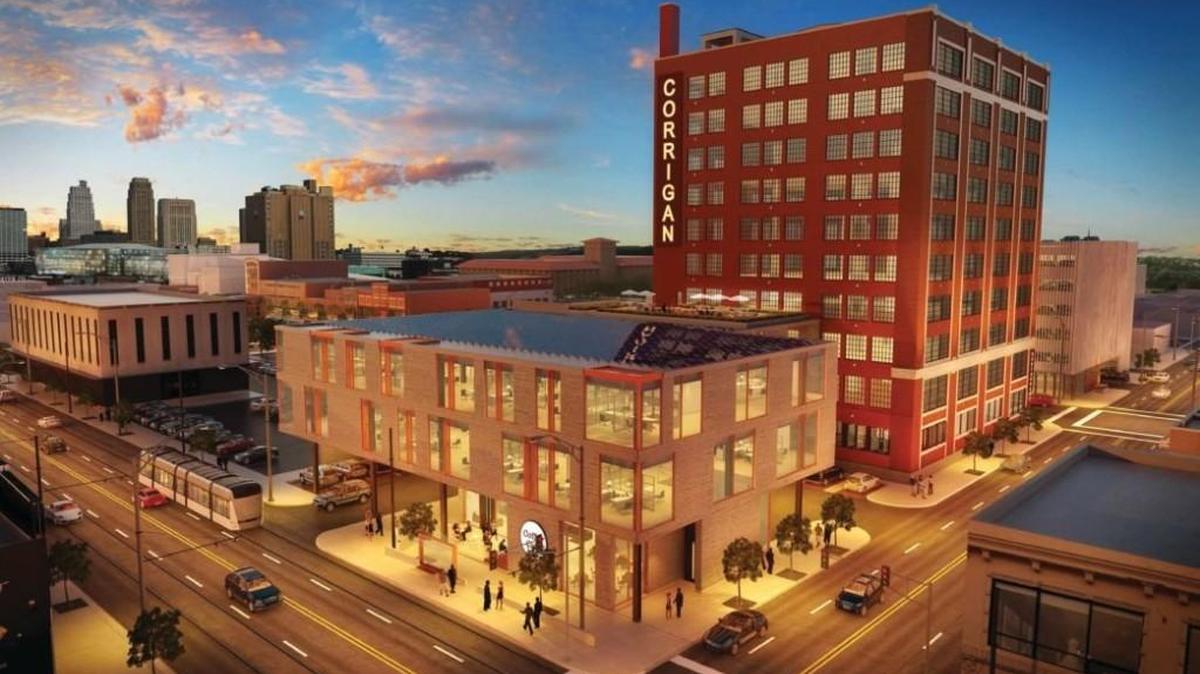 Construction has begun inside the historic 10-story Corrigan tower at 19th and Walnut. The planned three-story building extension toward Main Street is yet to begin.
