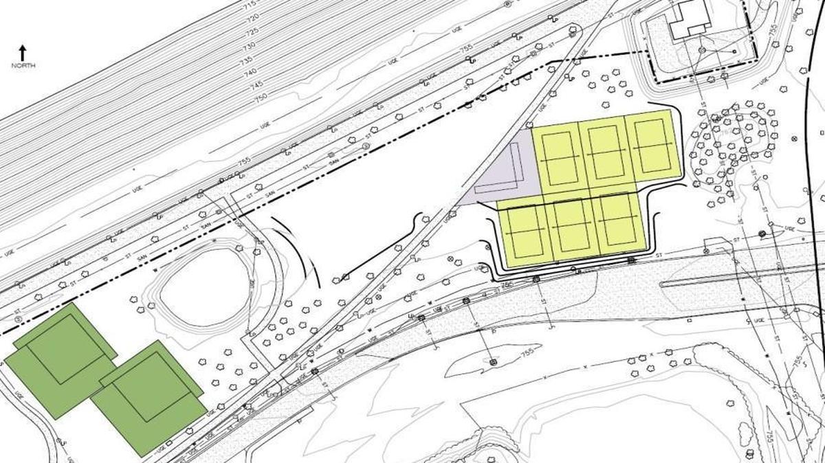 Six sand volleyball courts, pictured in yellow, and two kickball fields, in green, are under construction at the east end of Berkley Riverfront Park near the Missouri River.