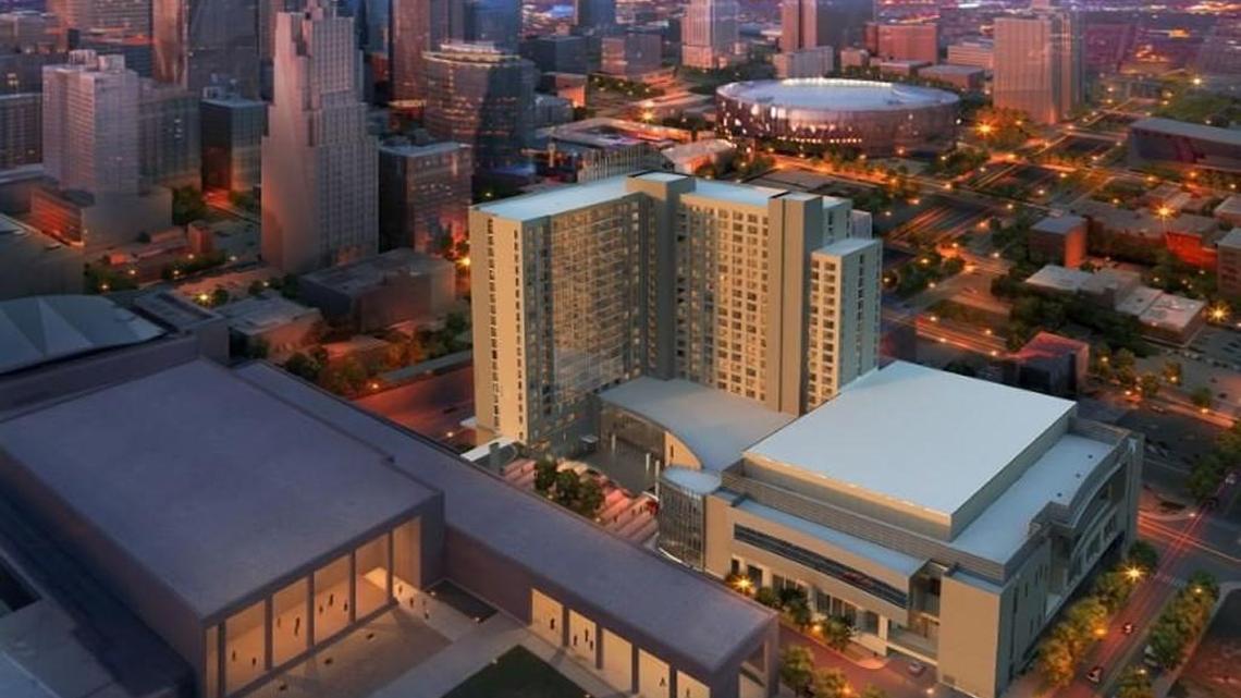 A rendering of Kansas City’s proposed downtown convention center hotel shows its planned relationship to the convention center in the foreground.