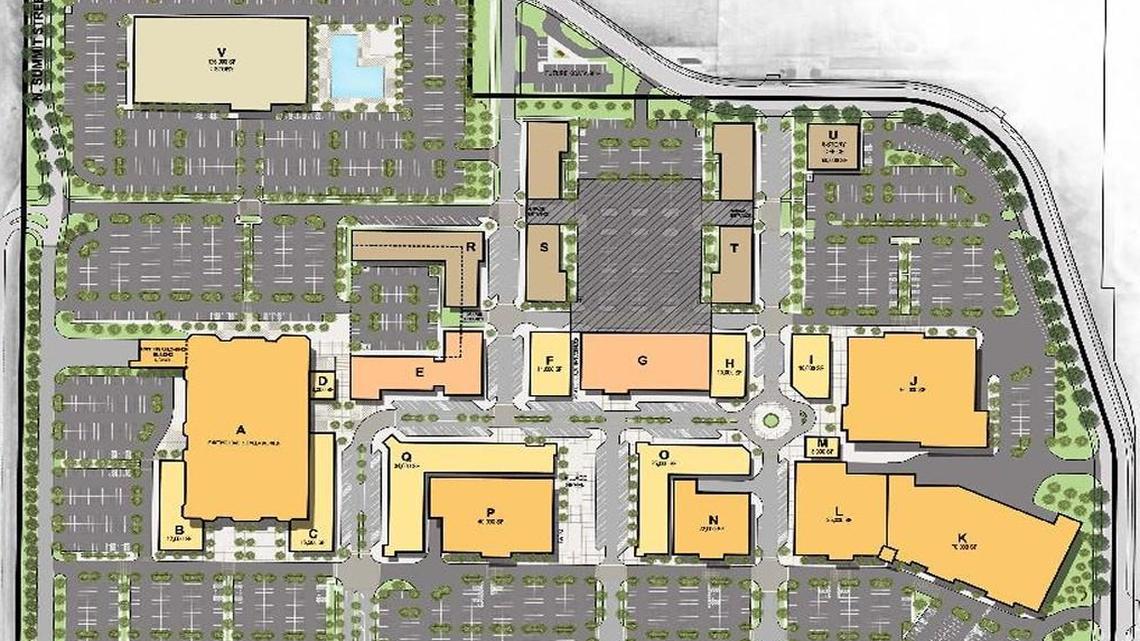 A plan to replace the Metro North Mall at Northwest Barry Road and U.S. 169 calls for a multiphase, multiuse redevelopment to include space for retail, residential, office, a hotel and theater buildings. Building A, the Macy’s building, would remain.