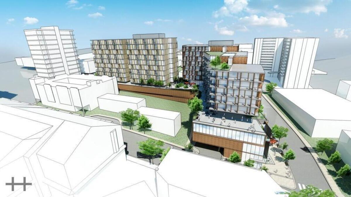 An architectural rendering shows how a hotel, apartment, retail and green space plan by Plaza Hotels LLC would fit in with existing apartment and hotel buildings located just north of the Country Club Plaza.