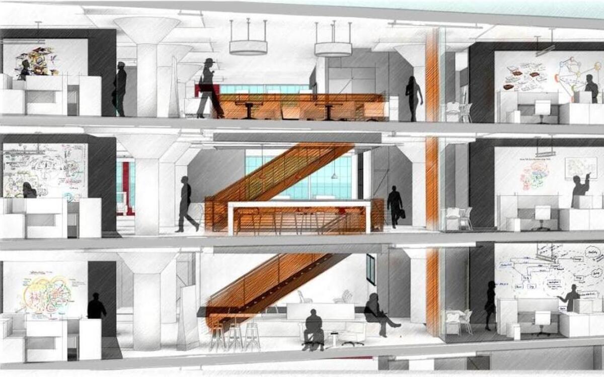 The architectural firm of Hollis + Miller plans a central staircase to connect the top three floors of the Corrigan Station tower at 19th and Walnut streets, where it will consolidate its Overland Park and Lee’s Summit offices in December.
