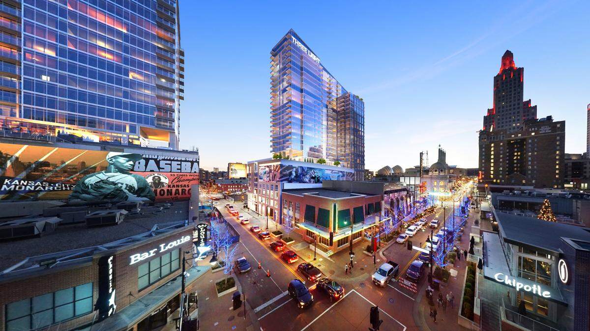 A rendering of the proposed Three Light luxury apartment highrise planned for Kansas City's Power & Light District.
