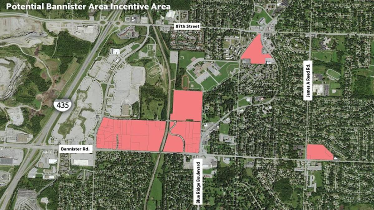 This map indicates in pink three areas that will be analyzed for blight conditions preparatory to creating an East Bannister Area Plan that would make public incentives available to commercial and residential developers. The large light gray area is the Innovations office campus of Cerner Corp.