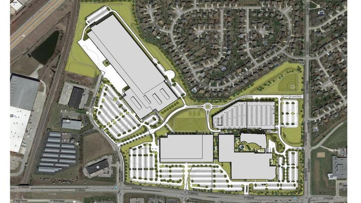 The master plan for expansion of Garmin International in Olathe shows a new 720,000-square-foot manufacturing and warehouse facility at an angle on the 96-acre headquarters campus.
