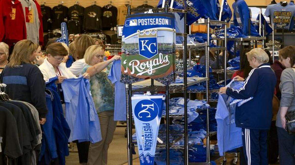 
Shoppers at Kansas Sampler in Lenexa were hungry for Royals postseason apparel Thursday. The store sold out of the 400 ALCS championship shirts they had on hand Wednesday night and got a fresh shipment of 1,000 more Thursday morning.
