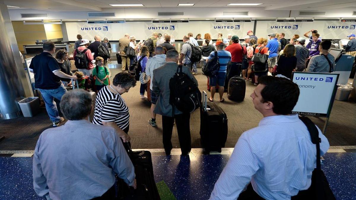
A “router issue” at United Airlines caused all U.S. departures to be halted for about two hours Wednesday. The United ticket counter was busy midmorning at Kansas City International Airport after the fault was corrected.
