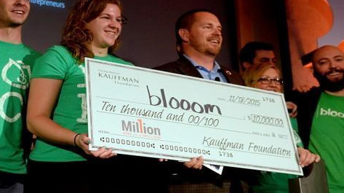 Happy winners from the Leawood startup company called blooom savored their win Wednesday at the Kauffman Foundation in Kansas City. The company won the One in a Million contest.