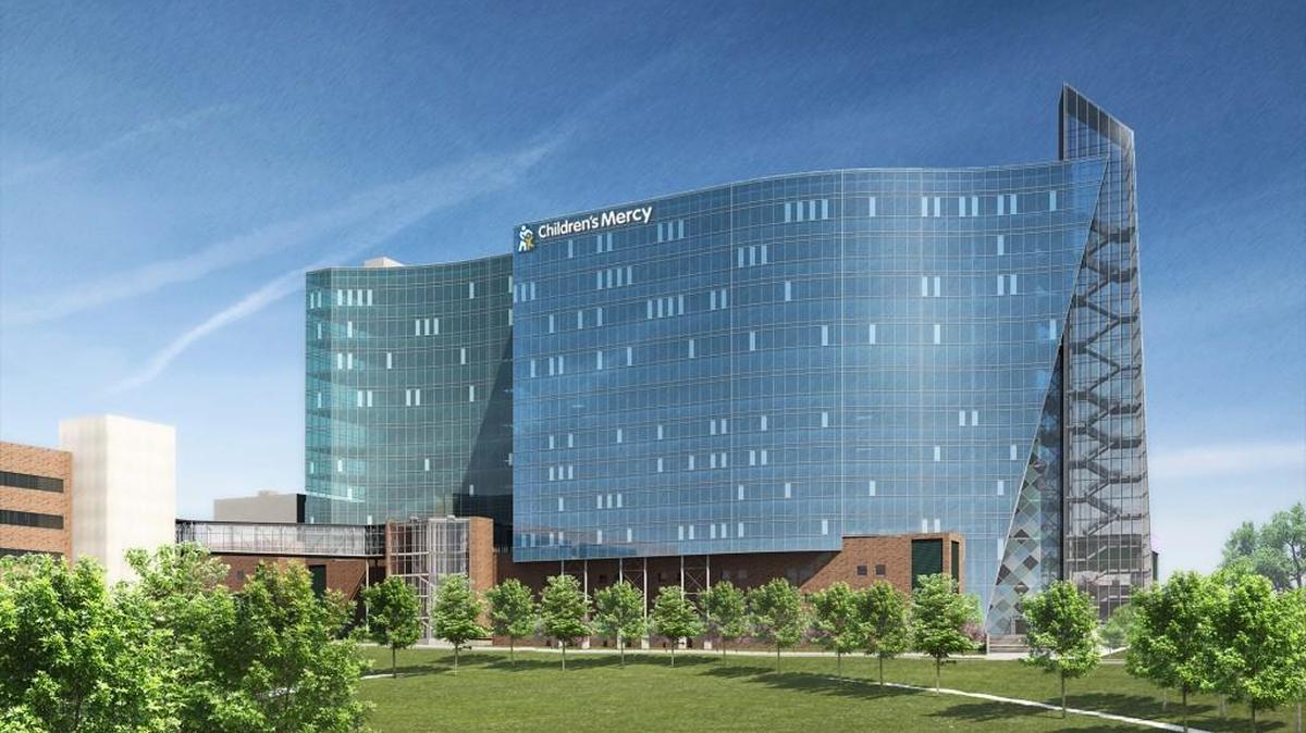 The proposed nine-story research tower at Children’s Mercy Hospital would add a building with a reflective glass facade to the current skyline on the northwest edge of Hospital Hill.