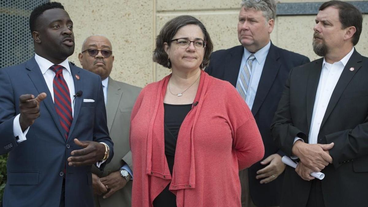 Council member Jolie Justus, center, is the subject of an ethics complaint over her role on the KCI selection committee. Fellow selection committee members Aviation Director Pat Klein, council member Jermaine Reed and City Manager Troy Schulte addressed the media on Aug. 14 prior to a closed-door session to hear four proposals to build and finance a new airport.