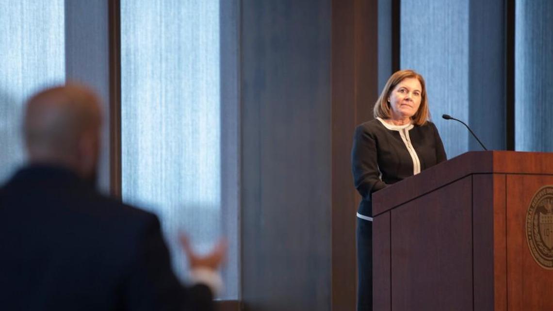 Esther George, president of the Federal Reserve Bank of Kansas City, answered questions after her address Monday to members of the Fairfax Industrial Association.