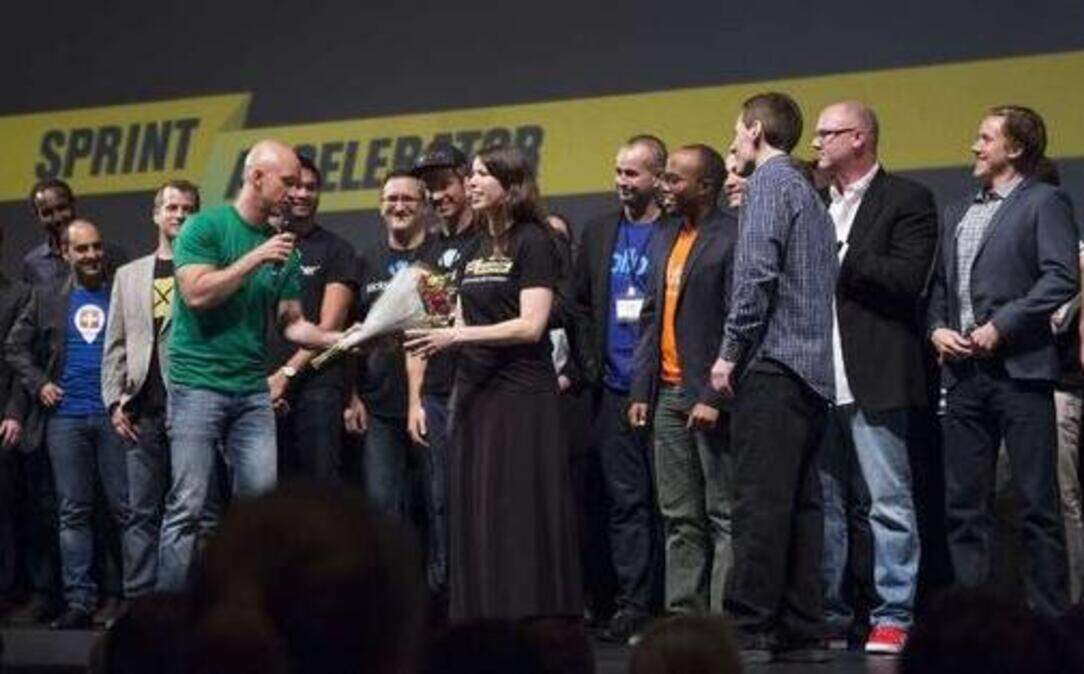
An onstage celebration capped the Sprint accelerator companies’ June 12 presentations to investors at the Kauffman Center for the Performing Arts. 
