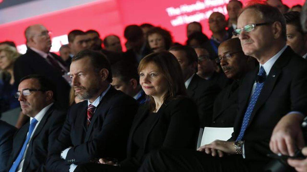 
General Motors CEO Mary Barra on Tuesday watched the debut of the 2016 Cadillac CTS-V during media previews for the North American International Auto Show in Detroit.
