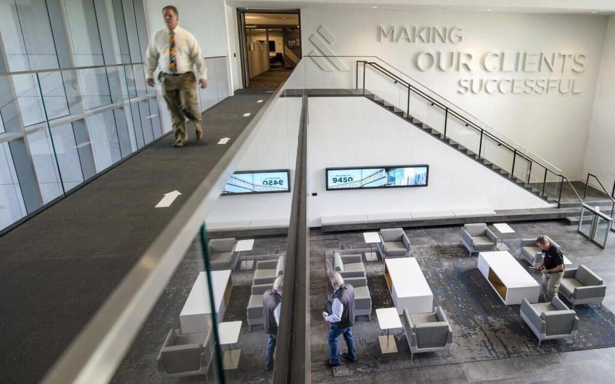 One of Burns & McDonnell’s missions is featured in the front lobby of its building at 9450 Ward Parkway in Kansas City.