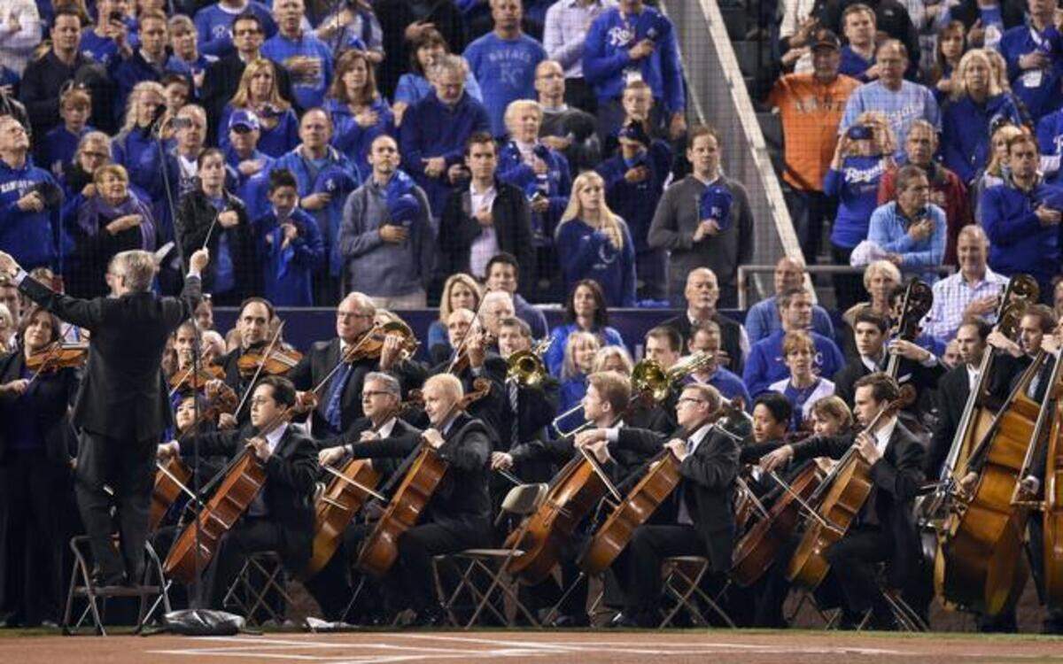 
The Kansas City Symphony played the national anthem before game six of the World Series on Oct. 28, 2014, at Kauffman Stadium.
