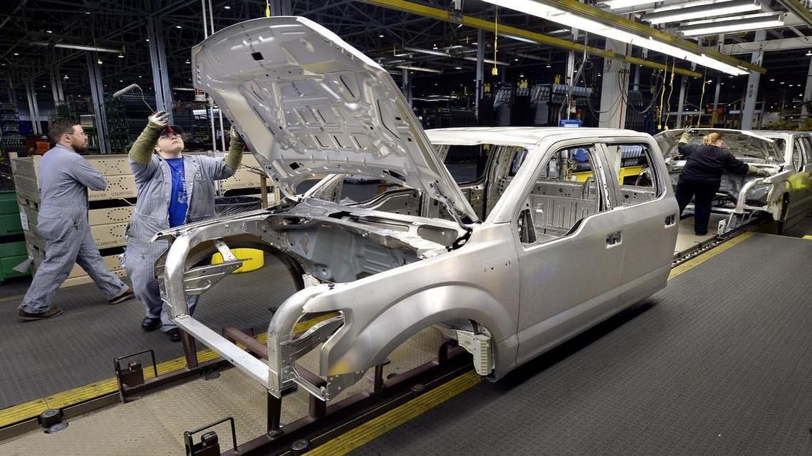 
Ford F-150 aluminum alloy bodies moved down the assembly line earlier this year at the Ford Claycomo plant.
