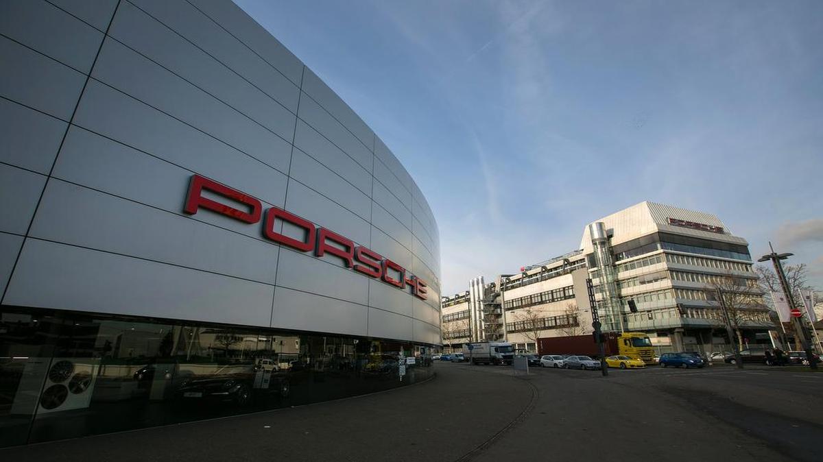 The Porsche logo can be seen on the exterior of its factory in Stuttgart, Germany.