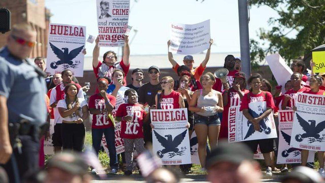 
In a rally last September, fast-food workers demanding $15 an hour and the right to form a union lined Prospect Avenue outside a McDonald’s at 14th Street and Prospect Avenue in Kansas City.
