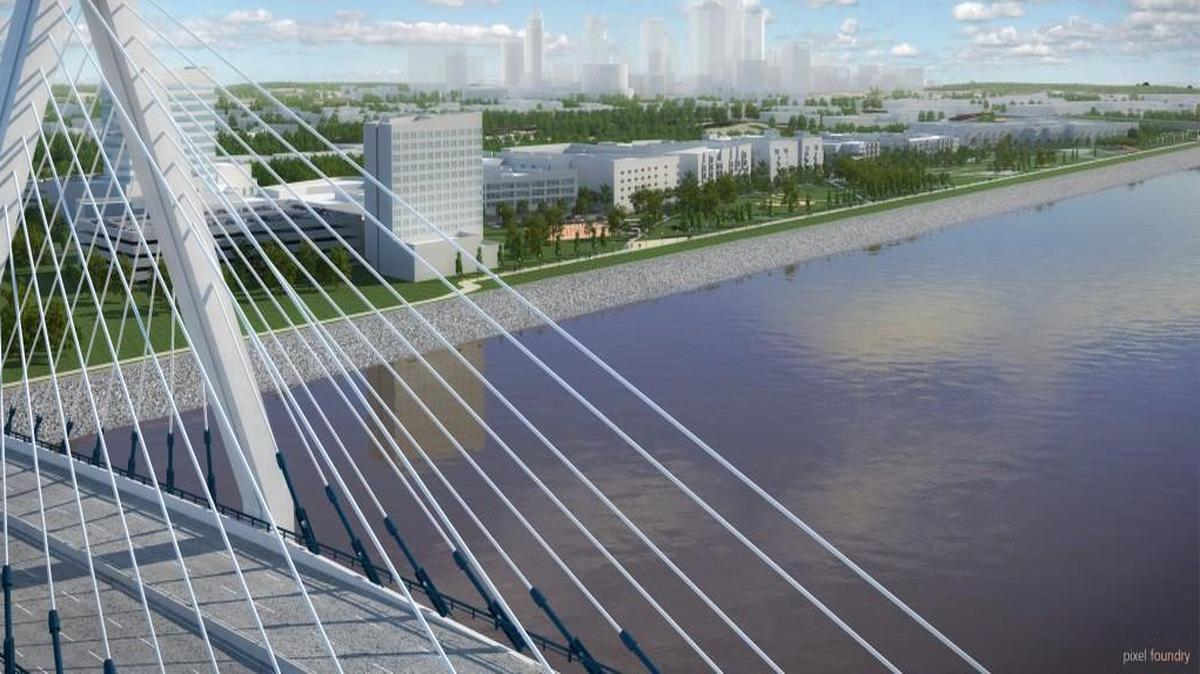 A rendering of the view from the north side of the Missouri River illustrates how developers hope Berkley Riverfront Park may look in the future.