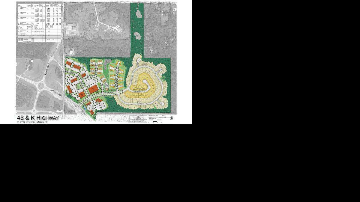 
The West Pointe Plaza development near Parkville is on the northeast corner of Missouri 45 and Route K. The plan includes a 62-acre housing development and a preliminary 23-acre commercial plat (on left), that would hold about 10 retail buildings. On the residential side, the plan includes 95 single-family home lots (on right), plus 23 duplexes, 14 three-plexes and 10 four-plex housing units as well as a pool and clubhouse. It could take 20 years to fully develop the site.
