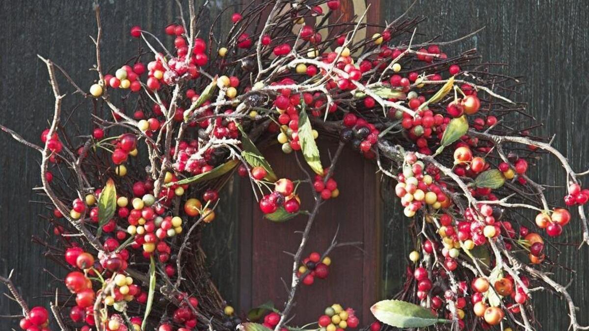 Contemporary Christmas wreath on a home's front door.