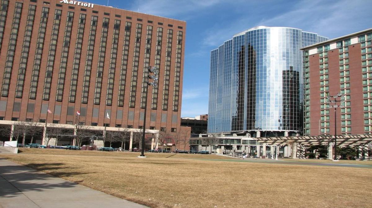 The Marriott (left) and Muehlebach (far right) hotels in downtown Kansas City.