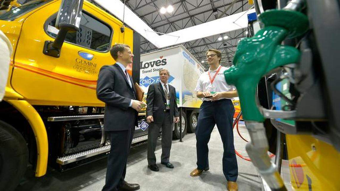 Kansas City was host this week to the Natural Gas Vehicles Conference & Expo. Trade group president Matt Godlewski (left) and Ron Eickelman (center), head of Agility Fuel Systems, spoke with Sam Crites of Love’s Travel Stops.