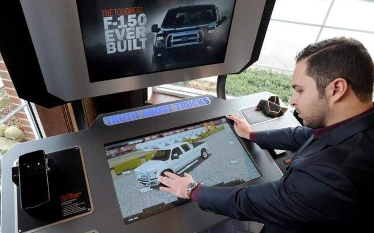 
The kiosk has a 3-D interactive display and below that an interactive touch screen. Besides showing the features and capabilities, it allows a comparison with full-size pickup trucks offered by competitors. The kiosk gives digital updates about the F-150 and lets users “create” their F-150 with the available powertrains and options. 
