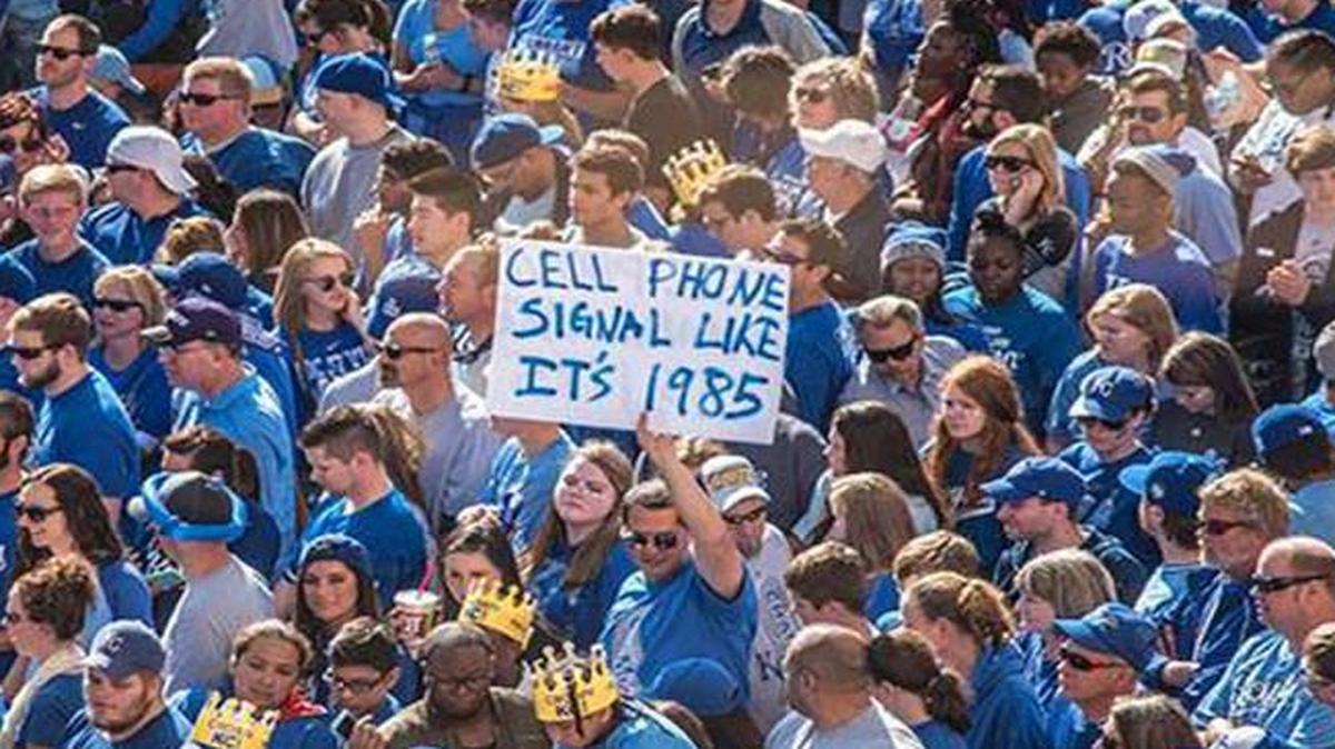 A sign held up in front of Union Station reflected fans’ frustrations with cellphone service during the Royals celebration Tuesday.