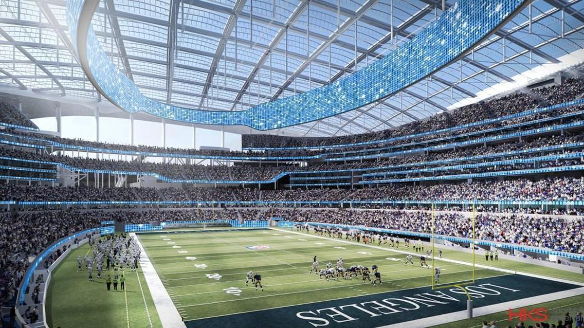 Henderson Engineers’ work in progress is the Los Angeles Stadium at Hollywood Park. This is a rendering of the Los Angeles Rams and Los Angeles Chargers stadium.