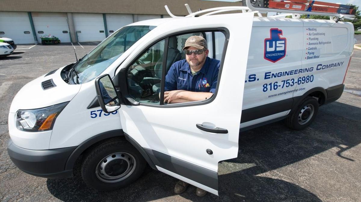 
Ken Jones, an HVAC service technician in the Kansas City area, is one of U.S. Engineering Co.’s employees driving a Ford Transit van. Some of the firm’s workers weren’t thrilled with switching from the old E-Series van, but most now love the Transit. 
