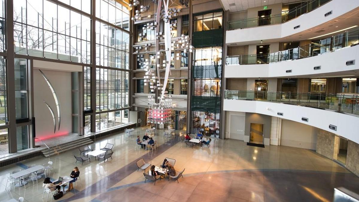 The atrium at the former Perceptive Software, 8900 Renner Road in Lenexa.