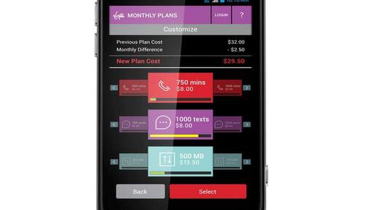 
Sprint’s Virgin Mobile Custom phones will let customers change the minutes, texts and data their prepaid plans provide. Sliding these bars back and forth changes the plan and shows the effect on your bill.
