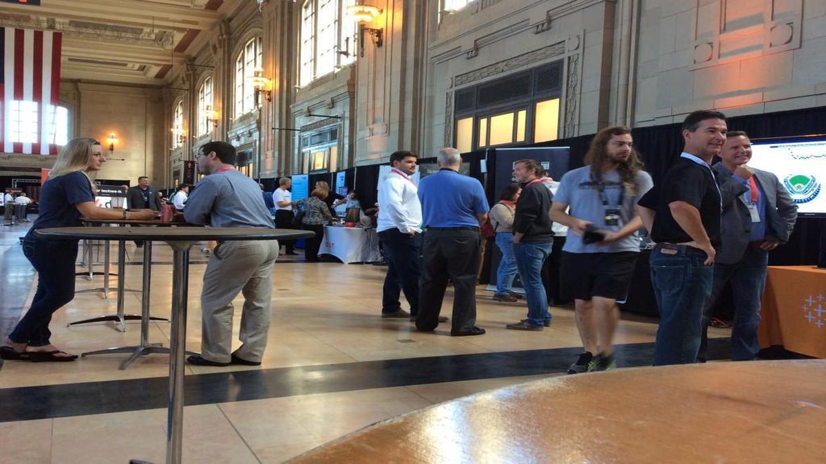 
Booths at Techweek’s expo inside Union Station offer the public a chance to chat with dozens of startup business founders as well as big company reps.
