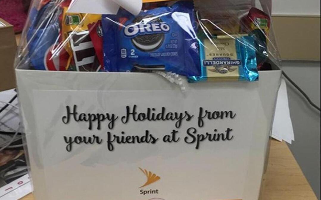 Gift baskets like this one appeared at some T-Mobile stores with a note purportedly from Sprint CEO Marcelo Claure and an invitation to visit Sprint’s recruiting page for sales personnel.
