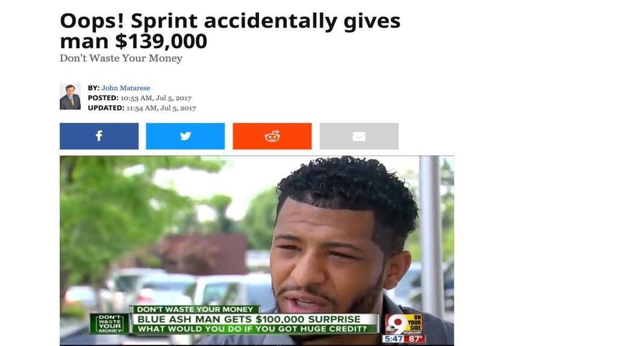 Unable to reach anyone at Sprint over the extended holiday weekend, Ohio resident Michael Jett first told Cincinnati TV station WCPO about the notifications he’d received about other customers’ payments coming into his Sprint account.