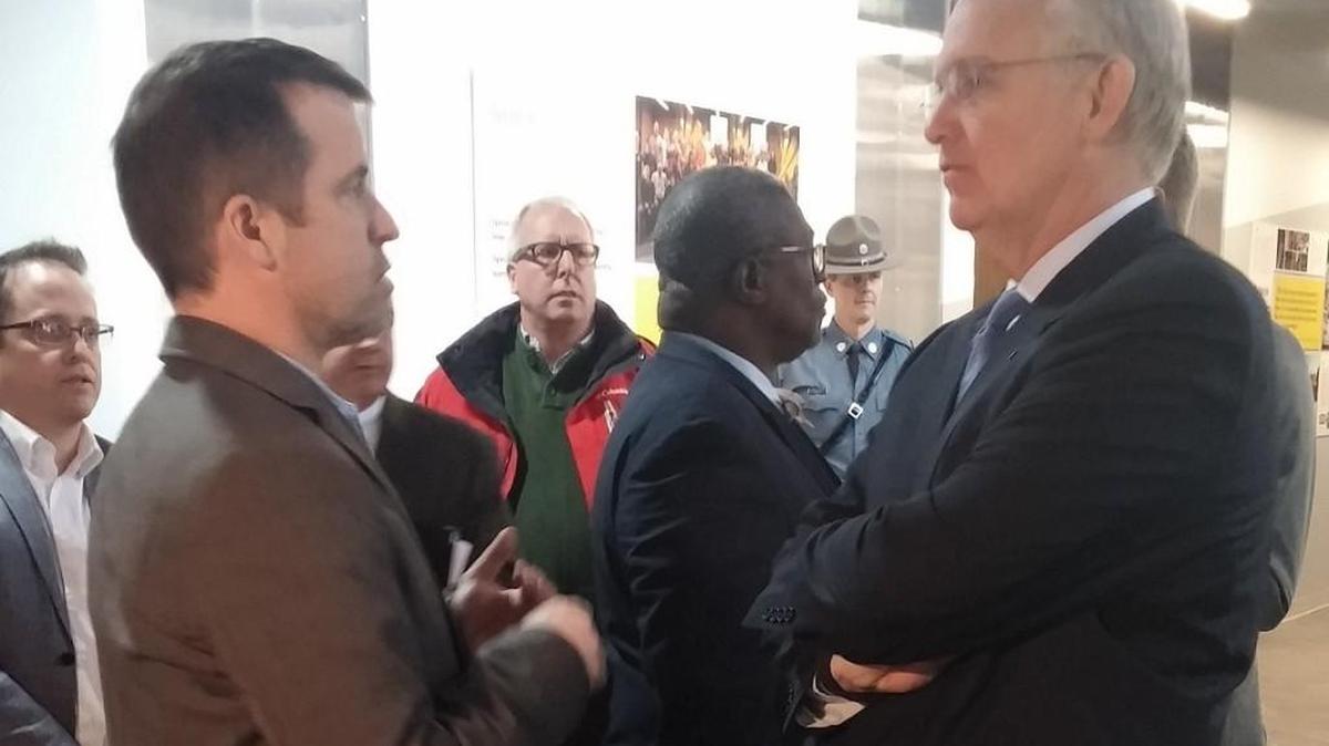 Sprint vice president Kevin McGinnis (left) gave Gov. Jay Nixon a tour of the Sprint Accelerator in the Crossroads Arts District before Thursday’s announcements. Kansas City Mayor Sly James also attended.
