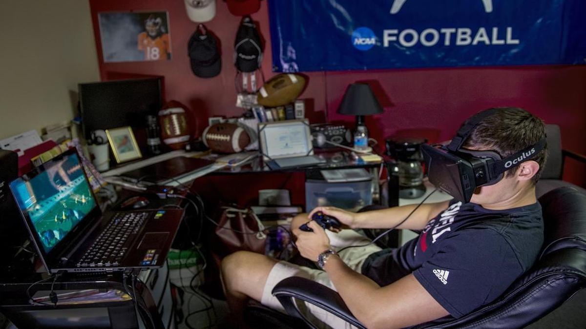 
In a demonstration for The Star, Nick West, a quarterback at William Jewell College, ran football plays while wearing a virtual reality headset at the Mabee Center on the William Jewell campus in Liberty.

