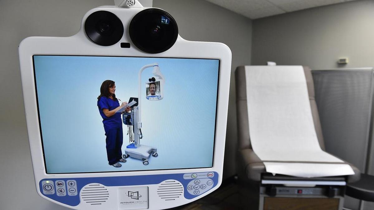 
The mobile telemedical unit in the Kansas City Health Care Trust medical kiosk on the eighth floor of City Hall has equipment so patients can visit with a doctor remotely.
