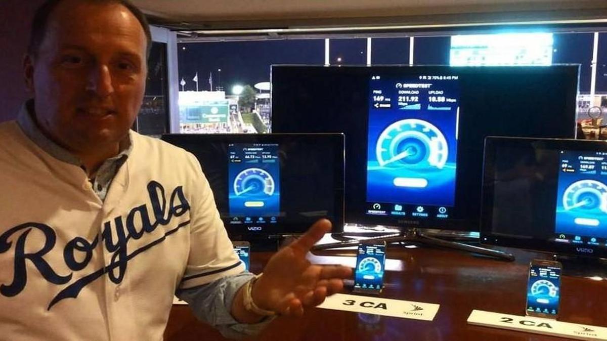 Sprint executive Günther Ottendorfer demonstrated faster network speeds that the company said Kansas City would experience last fall. The demonstration took place at Kauffman Stadium.