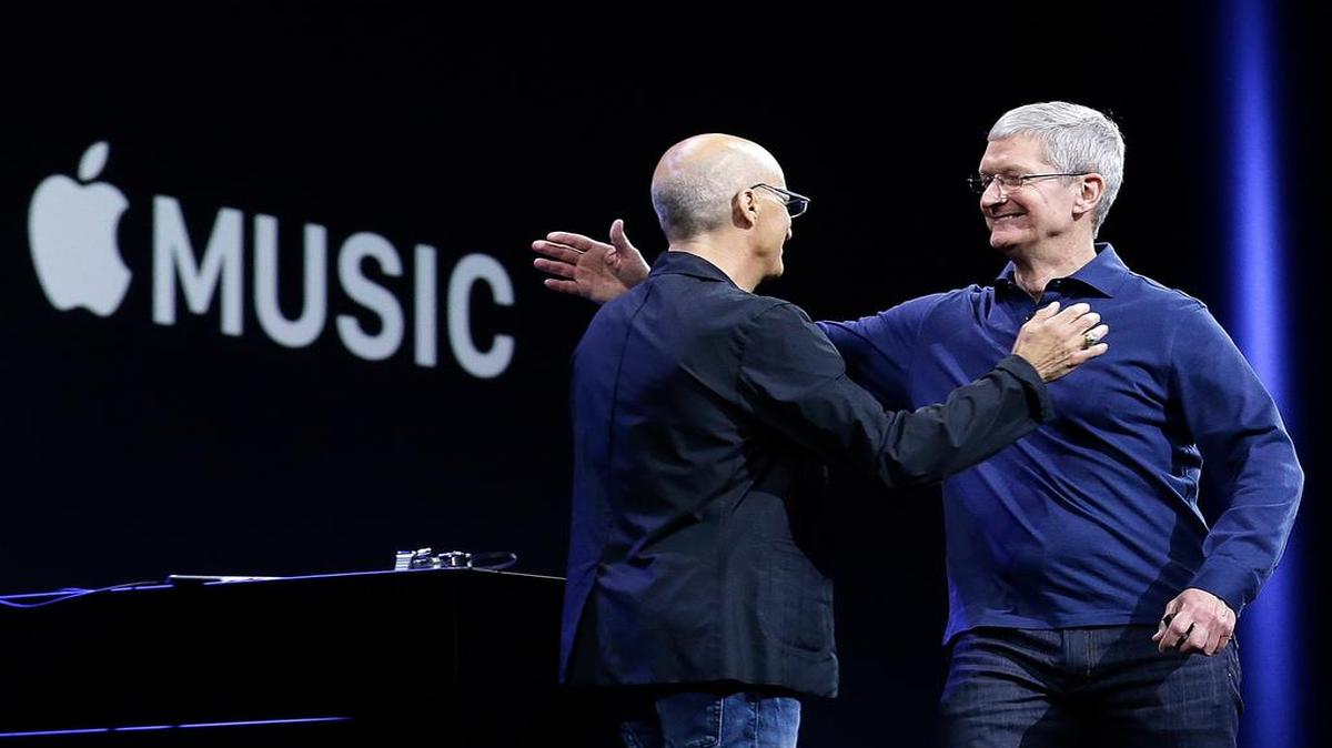 
Apple Music was announced last month at the Apple Worldwide Developers Conference in San Francisco, and CEO Tim Cook (right) showed his excitement with Beats by Dre co-founder and Apple employee Jimmy Iovine.


